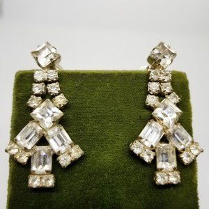 Vintage Silvertone Sparkly Rhinestone Dangly Screw Back Dangle Earrings | Bridal